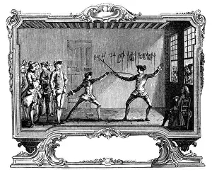 Sword Fighting Prints: Antique illustration of fencing lesson