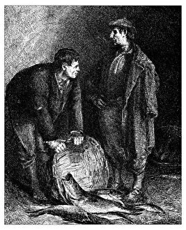 Unloading Gallery: Antique illustration of Two fishermen emptying the basket