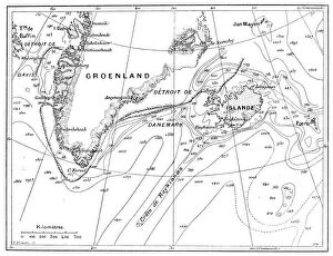Images Dated 19th July 2016: Antique illustration of Greenland and Iceland bathymetry map