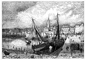 Antique illustration of harbor of Saint-Malo during low tide (France)