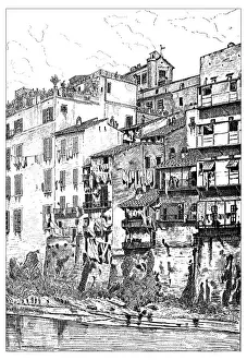 Looking Over Prints: Antique illustration of house on river Tiber in Rome (Italy)