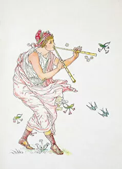 Images Dated 13th November 2017: Antique illustration of humanized flowers and plants: Playing flute