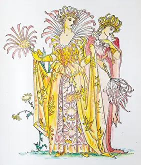 Antique illustration of humanized flowers and plants: Chrysanthemums