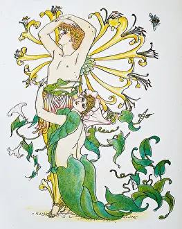 Humanized Prints: Antique illustration of humanized flowers and plants: Convolvulus Honeysuckle