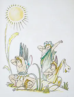 Antique illustration of humanized flowers and plants: Flowers waking up