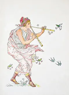 Antique illustration of humanized flowers and plants: Playing flute