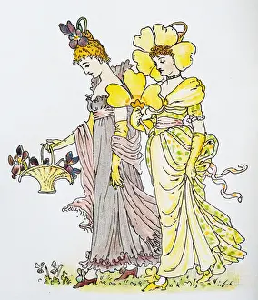 Antique illustration of humanized flowers and plants: Violet and Primrose