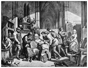 Antique illustration of important people of the past: William Caxton first printing press