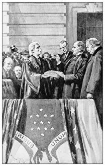 Antique illustration of important people of the past: William McKinley taking the oath
