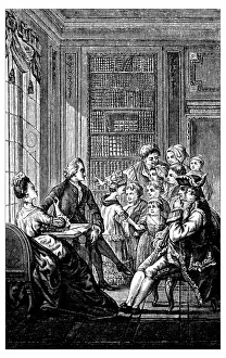 Antique illustration of large family indoor