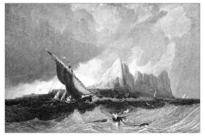 Wreck Prints: Antique illustration of mediterranean landscapes: Gibraltar from the sea