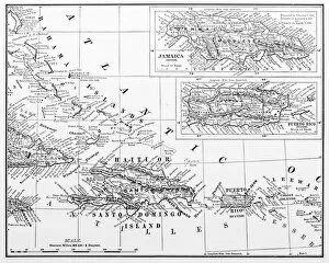 Images Dated 28th November 2018: Antique illustration from US navy and army: Haiti, Jamaica and Puerto Rico Map