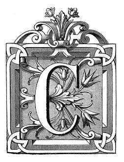 Images Dated 2nd December 2015: Antique illustration of ornate letter C, with geometrical, vegetal motifs