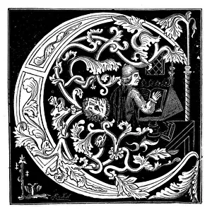 Antique illustration of ornate letter C from a medieval manuscript