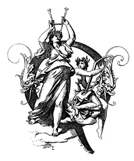 Plucking An Instrument Prints: Antique illustration of ornate letter Q with women playing music