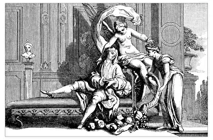 Antique illustration of people with angel and cornucopia