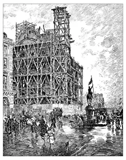 Gold Leaf Prints: Antique illustration of Place des Pyramides (Paris) during 19th century