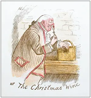 Antique illustration by Randolph Caldecott: Smelling wine cork