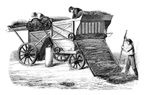 Antique illustration of scientific discoveries: Steam power agriculture machinery