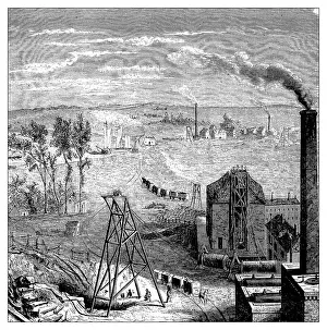 Work Tool Prints: Antique illustration of scientific discoveries: Steam power coal mine train