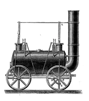 Prints of Antique illustration of scientific discoveries: Steam power locomotive Steam Locomotive Prints: Antique illustration of scientific discoveries: Steam power locomotive