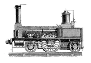 Prints of Antique illustration of scientific discoveries: Steam power locomotive Steam Locomotive Prints: Antique illustration of scientific discoveries: Steam power locomotive