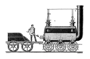 Prints of Antique illustration of scientific discoveries: Steam power locomotive Steam Locomotive Prints: Antique illustration of scientific discoveries: Steam power locomotive