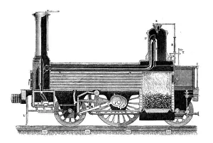 Prints of Antique illustration of scientific discoveries: Steam power locomotive Steam Locomotive Prints: Antique illustration of scientific discoveries: Steam power locomotive