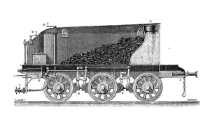Prints of Antique illustration of scientific discoveries: Steam power locomotive Steam Locomotive Prints: Antique illustration of scientific discoveries: Steam power locomotive
