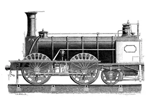 Prints of Antique illustration of scientific discoveries: Steam power locomotive Steam Locomotive Prints: Antique illustration of scientific discoveries: Steam power locomotive