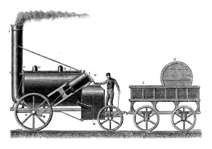 Prints of Antique illustration of scientific discoveries: Steam power locomotive Steam Locomotive Prints: Antique illustration of scientific discoveries: Steam power locomotive