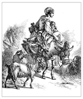 Images Dated 9th February 2016: Antique illustration of woman with baby riding a donkey