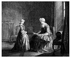 Maid Prints: Antique illustration of woman teaching girl