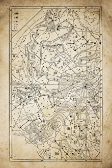 Medium Group Of Objects Prints: Antique illustration on yellow aged paper: zodiac astrology constellations (series 1)