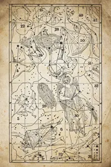 Antique illustration on yellow aged paper: zodiac astrology constellations (series 12)
