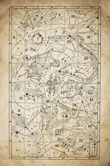 Medium Group Of Objects Prints: Antique illustration on yellow aged paper: zodiac astrology constellations (series 2)