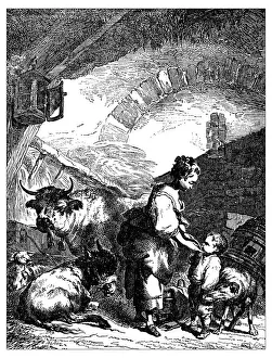 Images Dated 11th February 2016: Antique illustration of young shepherdess and kid in the stable