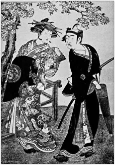 Images Dated 7th August 2017: Antique Japanese Illustration: Actors performing by Katsugawa Shunsho