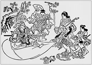 Antique Japanese Illustration: Divinities Daikoku and Ebisu by Hishikawa Moronobu (1680)