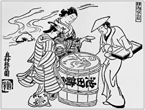 Antique Japanese Illustration: The Three Saki Tasters by Okumura Masanobu (1710)