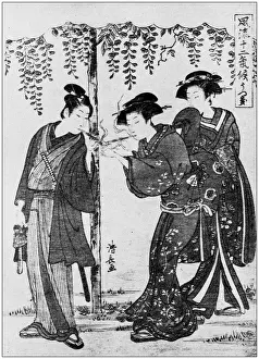 Antique Japanese Illustration: A samurai and two women by Torii Kiyonaga