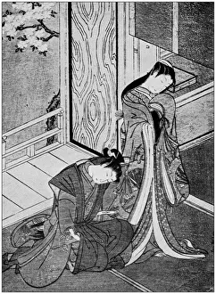 Antique Japanese Illustration: Two women by Kitao Shigemasa
