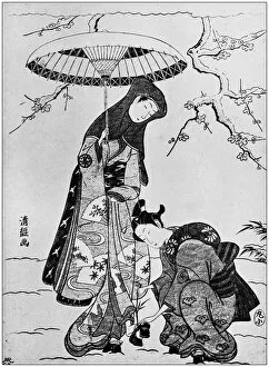 Images Dated 7th August 2017: Antique Japanese Illustration: Two women in winter by Torii Kiyotsune