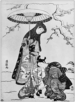 Japanese Art Illustrations Prints: Antique Japanese Illustration: Two women in winter by Torii Kiyotsune