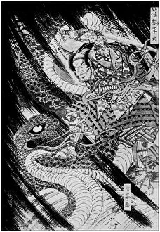 Images Dated 7th August 2017: Antique Japanese Illustration: Yegara Heida killing a fiery serpent by Shuntei