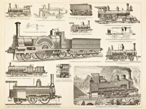 Images Dated 9th November 2018: Antique locomotive and steam trains 1885