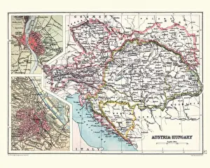 Antique Map of Austria Hungary, details of Vienna and Budapest, 19th Century
