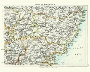 Northern Europe Collection: Antique map, Cambridge, Hertford, Essex, Suffolk, England 19th Century