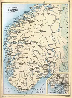 Antique map of fjords of Norway with detail of Christiania (Oslo) in 1890s, Victorian 19th Century