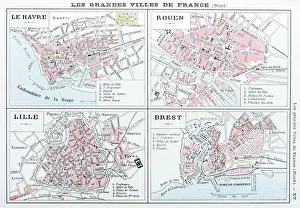 Antique map of French cities: Le Havre, Rouen, Lille, Brest